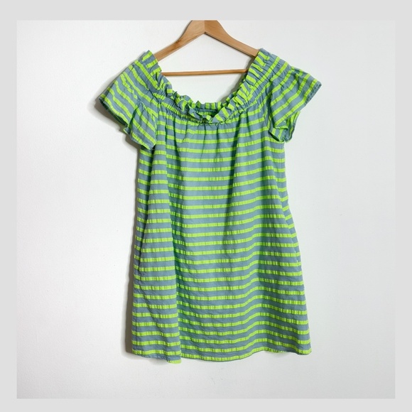 Anthropologie Dress Corey Lynn Calter Dress Off Shoulder Mini Neon Green Stripe - Picture 3 of 15